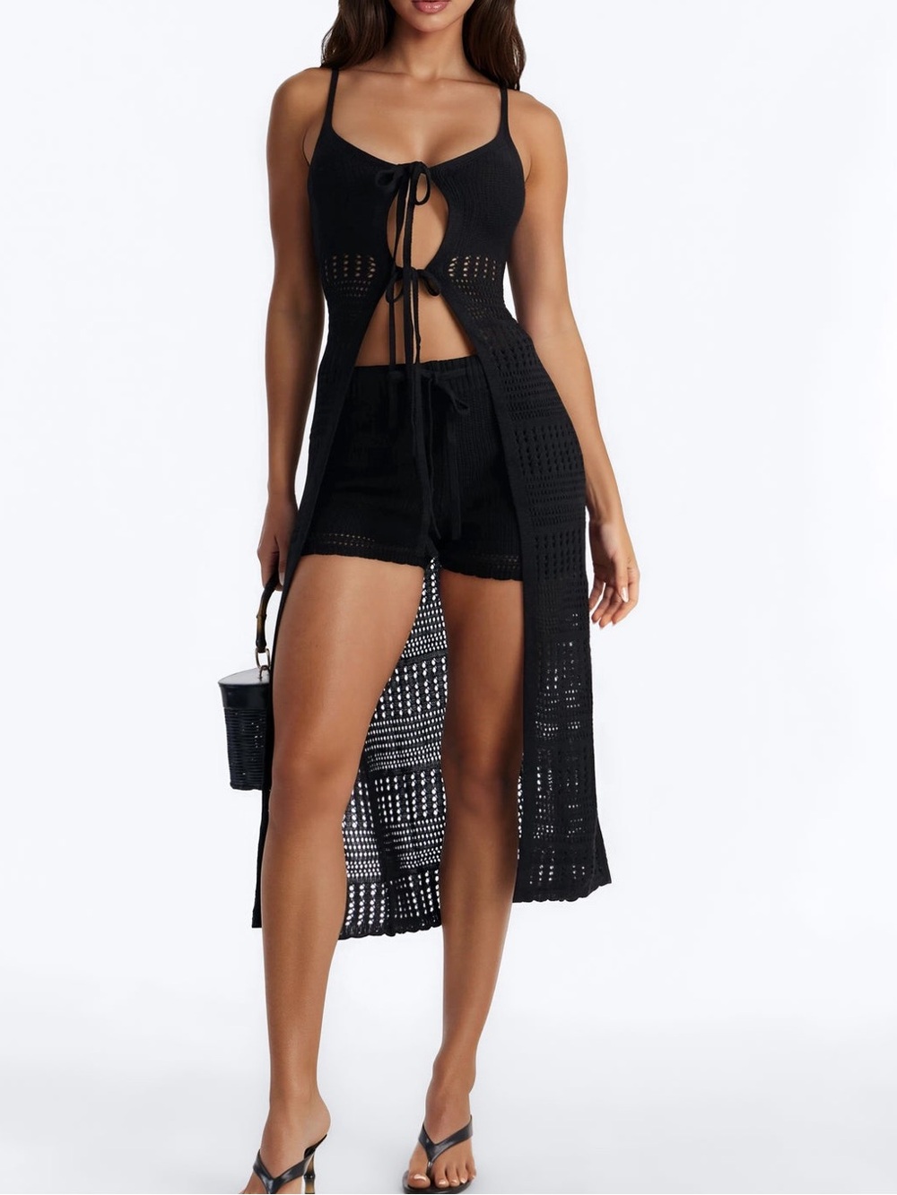 Fashion Nova Black Crochet Tie-Front Swim Coverup